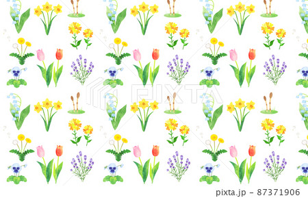 手描き水彩　春の花　シームレスパターン　01 87371906