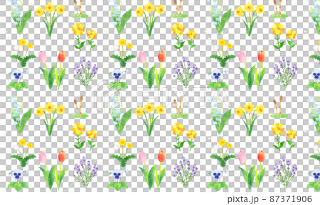 手描き水彩　春の花　シームレスパターン　01 87371906