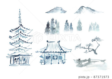 墨で描いたお寺と風景のイラストセット 87371973