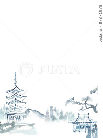 墨で描いたお寺の風景のイラスト 87371978