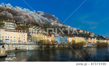 Right bank of Isere in Grenoble with cable car Right bank of Isere in Grenoble with cable car 87373590