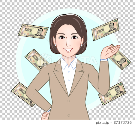 一張新的 10,000 日元紙幣和一個穿西裝的女人 87373726