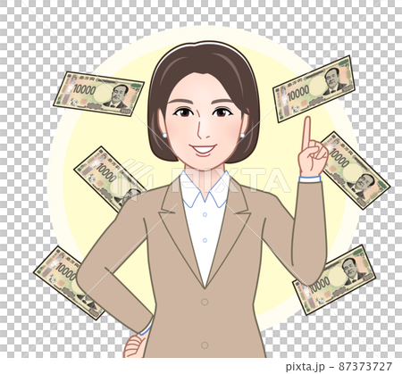 一張新的 10,000 日元紙幣和一個穿西裝的女人 87373727