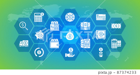 Money and Banking horizontal outline illustration. Credit Card, Currency Exchange, Atm, Terminal icon banner. Web banner layout template. 87374233
