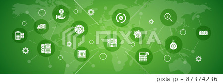 Money and Banking icons infographic banner. Credit Card, Currency Exchange, Atm, Terminal vector illustration for presentation banner. 87374236