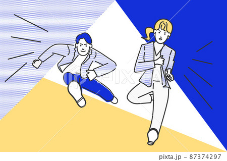 jハードルを超えるようにジャンプする若い男と女のビジネスマンのシンプルな線画のベクターイラスト 87374297