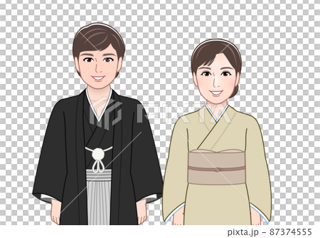 着物を着た若い二人の男女のイラスト素材
