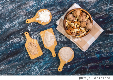 Various gluten free flour almond, walnuts, cashews, gluten free baking concept 87374778