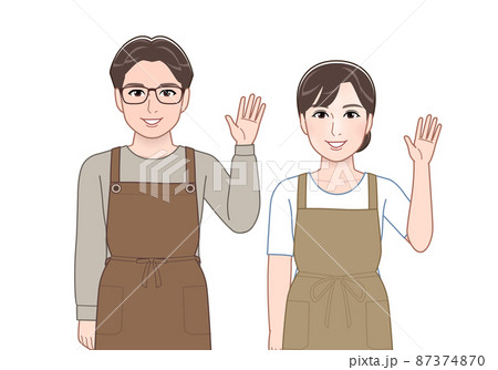 エプロンを着けている若い夫婦 エプロンを着けている若い夫婦 87374870