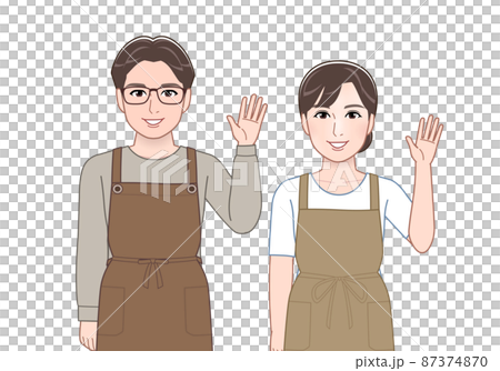 エプロンを着けている若い夫婦 エプロンを着けている若い夫婦 87374870