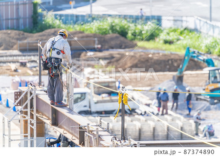 建設現場　高所作業　とび　安全帯　ランヤード　スタンション　親綱用支柱　親綱　安全対策　鉄骨工事 87374890