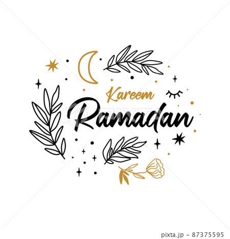 Ramadan Kareem floral banner with crescent, star, flower branch isolated graphic element. Celestial islamic letering design. Symbol for Ramadan Kareem. Gold muslim design illustration. Arabic holiday. Ramadan Kareem floral banner with crescent, star, flower branch isolated graphic element. Celestial islamic letering design. Symbol for Ramadan Kareem. Gold muslim design illustration. Arabic holiday. 87375595