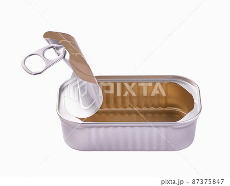 Empty opened steel can with lid isolated on a white background. 87375847