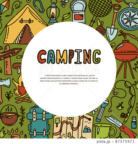 Doodle vector camping camping. Sketch hiking Icons.Hand draw illustration for summer picnic in nature. Camping equipments 87375971