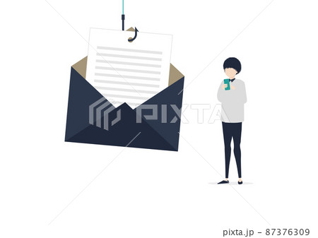 フィッシングメールでフィッシングサイトへ誘導される若い日本人男性のイラスト素材 フィッシングメールでフィッシングサイトへ誘導される若い日本人男性のイラスト素材 87376309