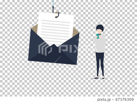 フィッシングメールでフィッシングサイトへ誘導される若い日本人男性のイラスト素材 フィッシングメールでフィッシングサイトへ誘導される若い日本人男性のイラスト素材 87376309