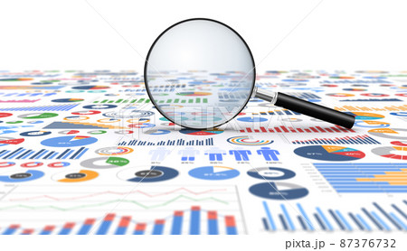 ビジネスチャートと虫眼鏡、ビジネス資料を検索するイメージ 87376732