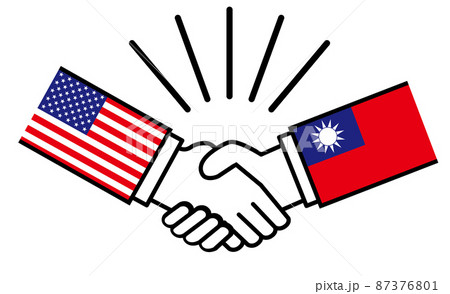 アメリカと台湾、国旗がついた手が握手　国家間の戦争紛争　同盟、和解、合意のイメージイラスト 87376801