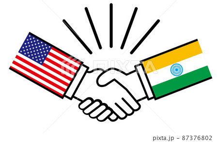 アメリカとインド、国旗がついた手が握手　国家間の戦争紛争　同盟、和解、合意のイメージイラスト 87376802