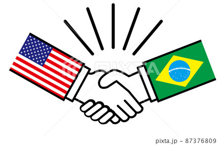 アメリカとブラジル、国旗がついた手が握手　国家間の戦争紛争　同盟、和解、合意のイメージイラスト 87376809