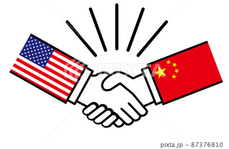 アメリカと中国、国旗がついた手が握手　国家間の戦争紛争　同盟、和解、合意のイメージイラスト 87376810