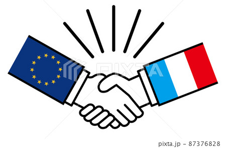 ユーロとフランス、国旗がついた手が握手　国家間の戦争紛争　同盟、和解、合意のイメージイラスト 87376828