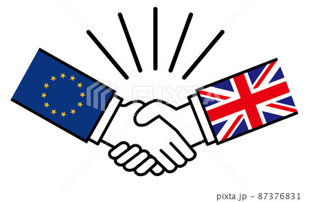 ユーロとイギリス、国旗がついた手が握手　国家間の戦争紛争　同盟、和解、合意のイメージイラスト 87376831