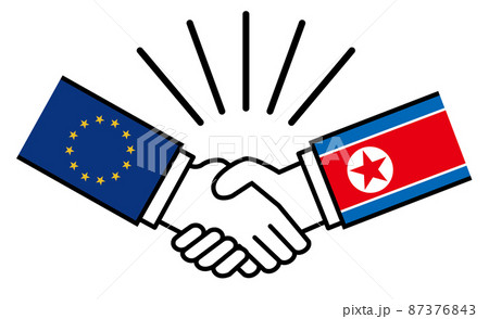 ユーロと北朝鮮、国旗がついた手が握手 国家間の戦争紛争 同盟、和解、合意のイメージイラスト ユーロと北朝鮮、国旗がついた手が握手 国家間の戦争紛争 同盟、和解、合意のイメージイラスト 87376843