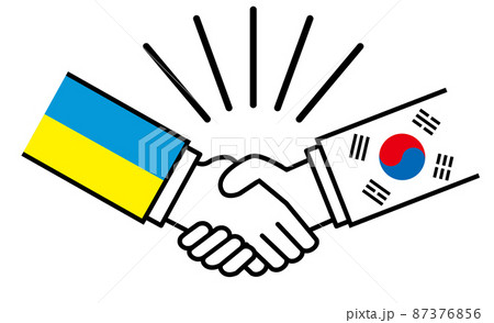 ウクライナと韓国、国旗がついた手が握手　国家間の戦争紛争　同盟、和解、合意のイメージイラスト 87376856