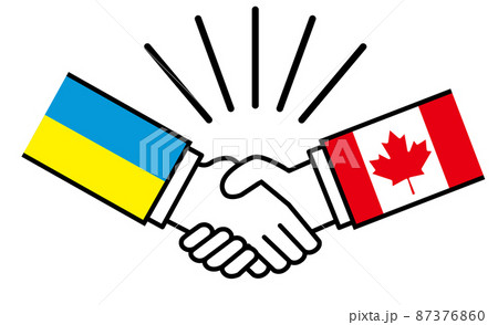 ウクライナとカナダ、国旗がついた手が握手　国家間の戦争紛争　同盟、和解、合意のイメージイラスト