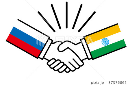 ロシアとインド、国旗がついた手が握手　国家間の戦争紛争　同盟、和解、合意のイメージイラスト