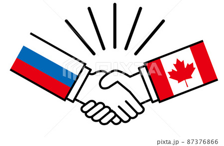 ロシアとカナダ、国旗がついた手が握手　国家間の戦争紛争　同盟、和解、合意のイメージイラスト