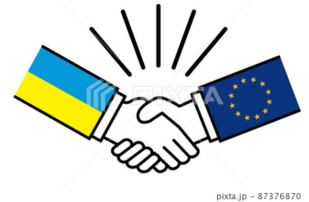 ユーロとウクライナ、国旗がついた手が握手　国家間の戦争紛争　同盟、和解、合意のイメージイラスト