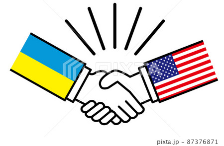 ウクライナとアメリカ、国旗がついた手が握手　国家間の戦争紛争　同盟、和解、合意のイメージイラスト 87376871