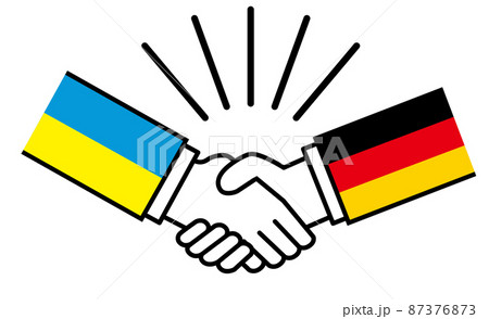 ウクライナとドイツ、国旗がついた手が握手　国家間の戦争紛争　同盟、和解、合意のイメージイラスト