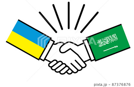ウクライナとサウジアラビア国旗がついた手が握手　国家間の戦争紛争　同盟、和解、合意のイメージイラスト