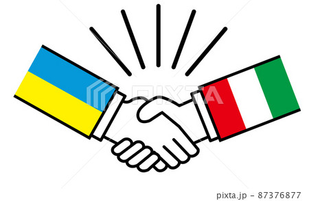 ウクライナとイタリア、国旗がついた手が握手　国家間の戦争紛争　同盟、和解、合意のイメージイラスト 87376877