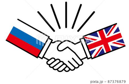 ロシアとイギリス、国旗がついた手が握手　国家間の戦争紛争　同盟、和解、合意のイメージイラスト 87376879