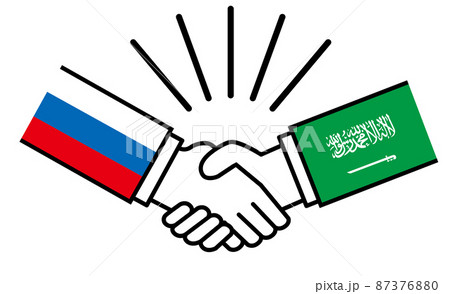 ロシアとサウジアラビア、国旗がついた手が握手　国家間の戦争紛争　同盟、和解、合意のイメージイラスト 87376880
