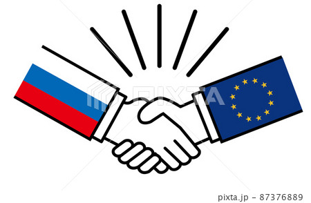 ロシアとEU欧州連合、国旗がついた手が握手　国家間の戦争紛争　同盟、和解、合意のイメージイラスト 87376889
