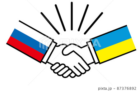 ロシアとウクライナ、国旗がついた手が握手　国家間の戦争紛争　同盟、和解、合意のイメージイラスト