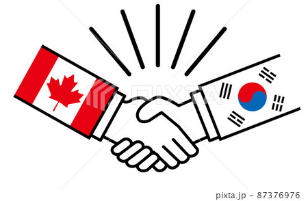 韓国とカナダ、国旗がついた手が握手　国家間の戦争紛争　同盟、和解、合意のイメージイラスト