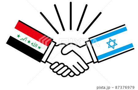イラクとイスラエル、国旗がついた手が握手　国家間の戦争紛争　同盟、和解、合意のイメージイラスト 87376979