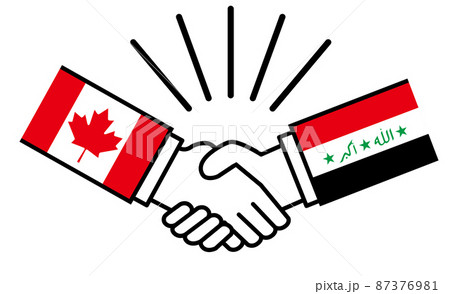 カナダとイラク、国旗がついた手が握手　国家間の戦争紛争　同盟、和解、合意のイメージイラスト