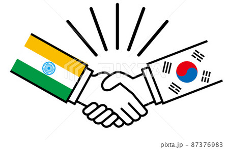 韓国とインド、国旗がついた手が握手　国家間の戦争紛争　同盟、和解、合意のイメージイラスト