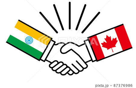 インドとカナダ、国旗がついた手が握手　国家間の戦争紛争　同盟、和解、合意のイメージイラスト