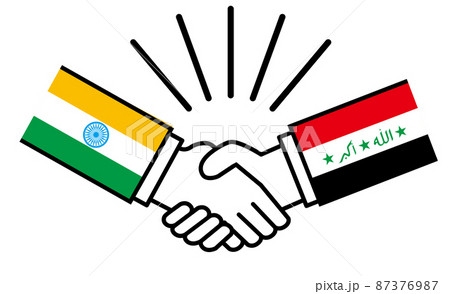 インドとイラク、国旗がついた手が握手　国家間の戦争紛争　同盟、和解、合意のイメージイラスト