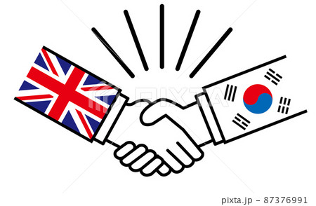 イギリスと韓国、国旗がついた手が握手　国家間の戦争紛争　同盟、和解、合意のイメージイラスト 87376991