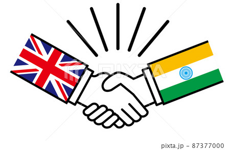 イギリスとインド、国旗がついた手が握手　国家間の戦争紛争　同盟、和解、合意のイメージイラスト