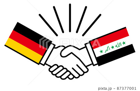 ドイツとイラク、国旗がついた手が握手　国家間の戦争紛争　同盟、和解、合意のイメージイラスト 87377001